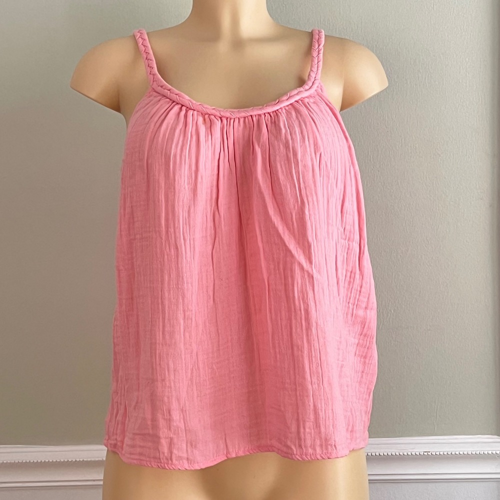 Coral Pink Gauze Camisole Tank Topn L Braided Strap Pleated Pink Boho Summer